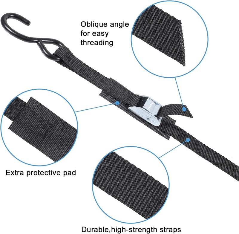 EXVITAL Tie Down Straps with Hook Cam Buckle Straps 1" x 8’ 1200lbs Break Strenght with Extra Soft Loops for Motorcycle, Kayak, ATVs, Dirt Bike, Truck, Car Black 4 Pack - Image 4